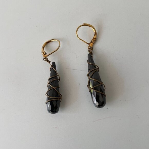 Tourmaline Bar Glass Earrings Drop Dangle Wire-Wrapped Lever Back Black - Picture 3 of 5